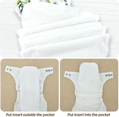 Vista 4 de Pañales de tela para bebé, talla única, ajustables, lavables, reutilizables, pañales de bolsillo para bebés niñas y niños, 5 paquetes + 5 insertos