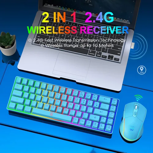 Vista 2 de Combinación de teclado y ratón inalámbricos para juegos Snpurdiri 60%, batería recargable con retroiluminación LED de 2000mAh, teclado de membrana