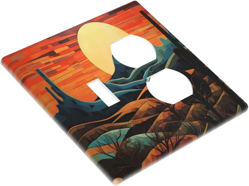 Vista 3 de Placa decorativa para interruptor de luz, diseño bohemio, abstracción, montaña y sol, 2 bandas, 1 palanca, 1 placa de pared dúplex, cubiertas