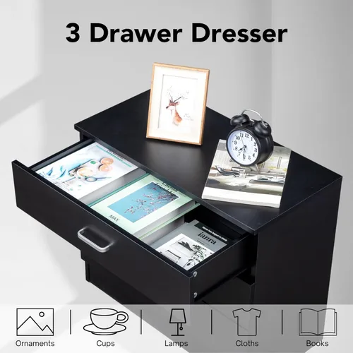 Vista 3 de Karl home Cómoda de 3 cajones, Cómoda de almacenamiento moderna, Mesa de cabecera Mesa de noche de madera para dormitorio, sala de estar (Negro)