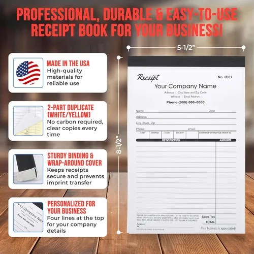 Vista 3 de Libros de recibos duplicados personalizados con el nombre de su empresa. 2 libros (100 juegos) numerados.