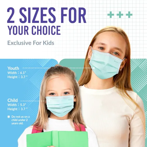 Vista 2 de Medtecs - Mascarilla desechable cómoda y transpirable de 3 capas, 2 tamaños infantil y juvenil, gran opción de protección y salud, 50
