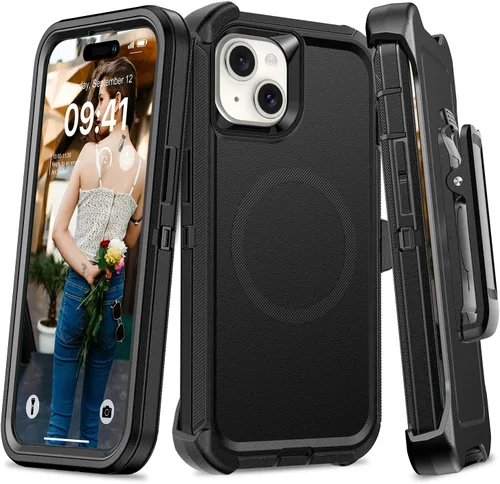 TUTUKII Funda compatible con iPhone 14 Plus y 15 Plus con clip para cinturón, grado militar a prueba de golpes, compatible con MagSafe, 3 capas,