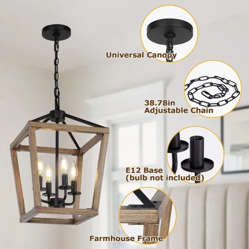 Vista 4 de Lámpara de araña de granja de 4 luces, lámpara de techo rústica tipo linterna con jaula de metal pintado de madera y cadena ajustable, luminaria