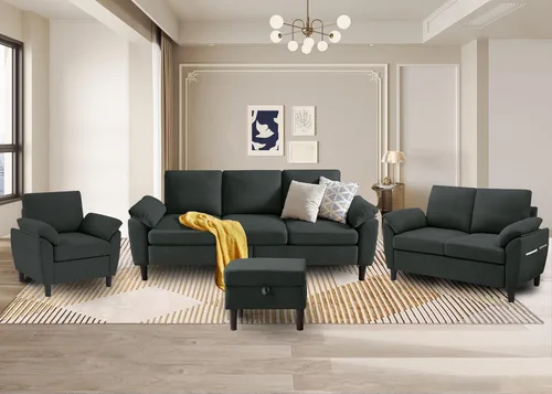 Vista 15 de Juego de sofás modulares de 3 piezas, sofás de 3 plazas en forma de L y sofá biplaza con sillón y otomana de almacenamiento para sala de estar, Verde