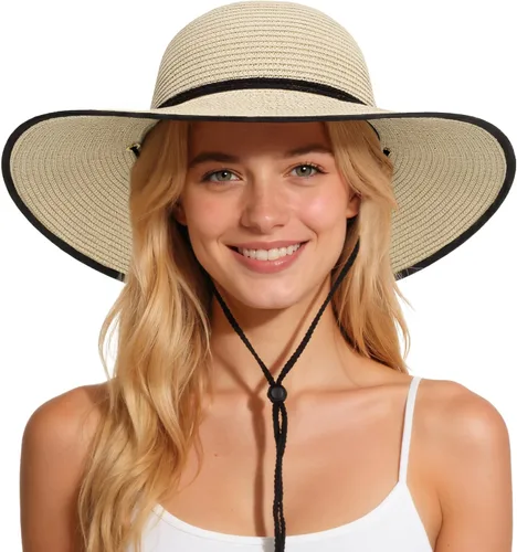 Vista 7 de Sombreros de sol para mujer, sombrero de playa de paja de ala ancha de Beige claro