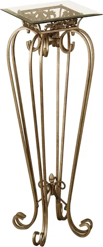 Touch of Class Mesa pedestal de metal calcedonia con desplazamiento – Vidrio biselado – Oro antiguo – Hecho de hierro – Parte superior cuadrada –