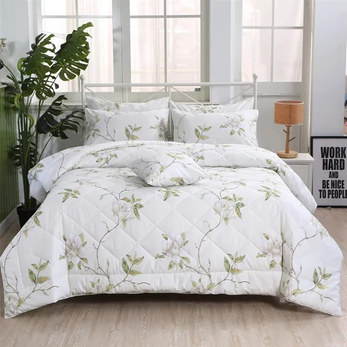 Vista 11 de FADFAY Juego de edredón floral blanco, tamaño individual, edredón de verano floral desgastado 100% tela de algodón con relleno