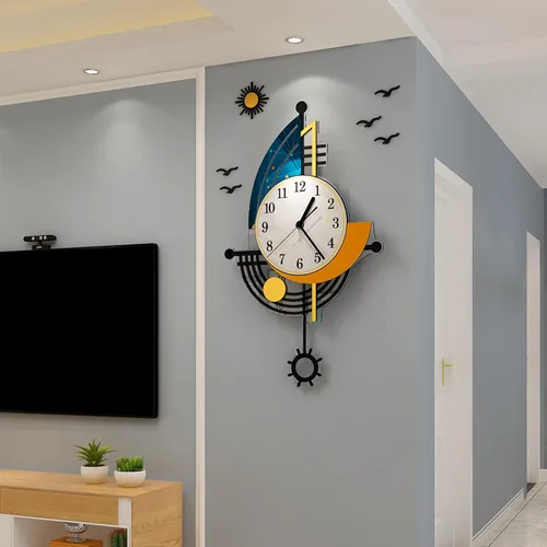 Vista 7 de YISILE Reloj de pared moderno, funciona con pilas, 23 pulgadas, diseño de barco grande, relojes de pared de péndulo para decoración de sala