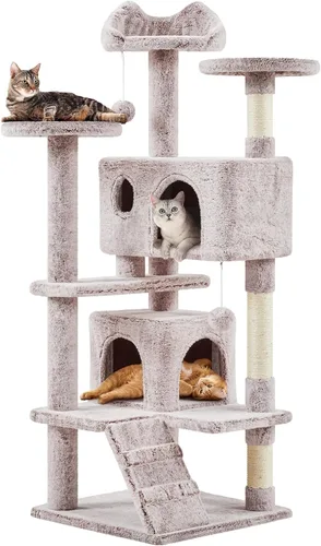 Yaheetech Árbol para gatos de 54 pulgadas, torre para gatos con condominio doble, postes rascadores de sisal y bolas colgantes, muebles para