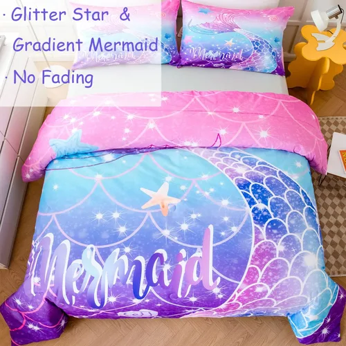 Vista 3 de ZRNBAST Juego de edredón de sirena tamaño Queen para mujeres y niñas, juego de ropa de cama rosa, morado, turquesa, degradado, multicolor, arco