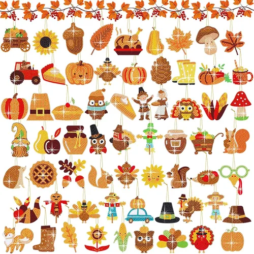 Equsion 64 Pcs Thanksgiving Fall Diamond Keychain Pumpkin Turkey Fall Thanksgiving Diamond Art Key Chain 5d DIY Painting Tags Kit Ornaments Tree