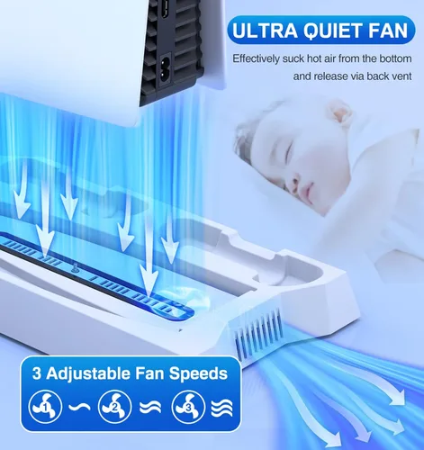 Vista 5 de Soporte para PS5 con estación de carga de controlador PS5 estación de refrigeración para consola Playstation 5 PS5 Discedición digital accesorios