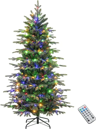Vista 28 de HAPPYGRILL - Árbol de Navidad artificial de 5 pies con luces preiluminadas, con parte superior flexible, cubierto de copos de nieve, árbol