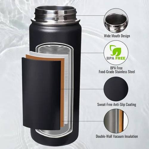 Vista 3 de Fijinhom Botella de agua aislada de 18 onzas con asa, botellas de agua de acero inoxidable 304 con boca ancha, botella de agua deportiva al vacío