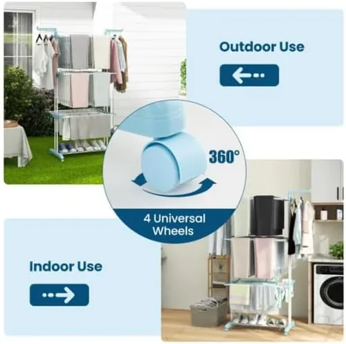 Vista 8 de Blue 4-Tier Foldable Clothes Drying Rack with Wheels, Heavy Duty Metal Laundry Hanger Stand for Indoor Outdoor Use
