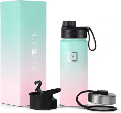Vista 101 de IRON °FLASK - Botella deportiva de 14, 18, 22, 32, 40, 64 o 128 onzas, 3 tapas (boquilla), acero inoxidable aislado al vacío, doble pared moderna