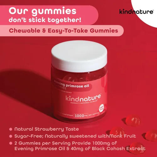 Vista 4 de kindnature Gomitas de aceite de onagra para mujer, 1000 mg + cohosh negro, PMS, perimenopausia y apoyo para la menopausia, vegano, sin azúcar, sin