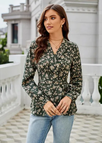 Vista 4 de GRACE KARIN Blusa de trabajo con cuello en V y manga larga tipo farol para mujer