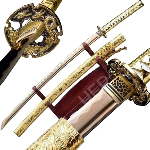 Vista 9 de Espada japonesa de samurái Katana auténtica hecha a mano de acero al carbono 1095 de alta calidad, espada de dragón real y afilada, Katana