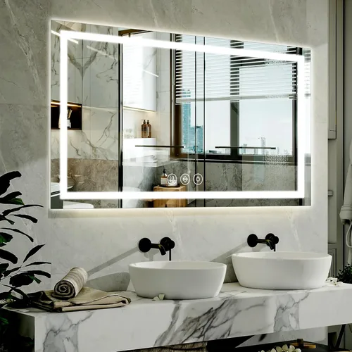 Vista 9 de XRAMFY Espejo de baño LED de 38 x 26 pulgadas con luces, espejo de pared con luz delantera y trasera, espejo de tocador de 3 colores con luces