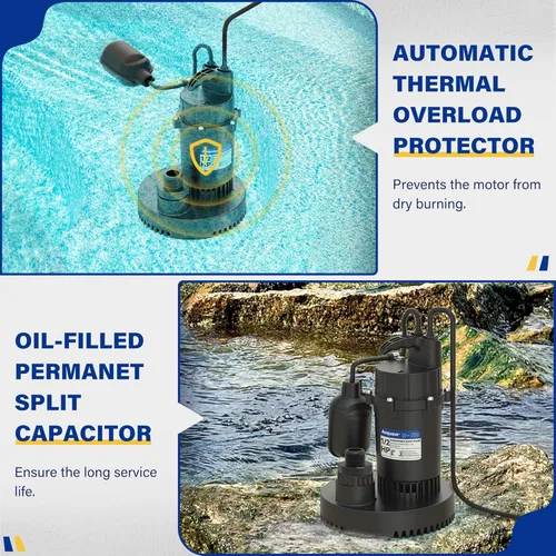 Vista 6 de Acquaer Bomba de sumidero de 1/2 HP, bomba sumergible de agua limpia/sucia de 4060 GPH con interruptor de flotador ajustable para piscina de jardín