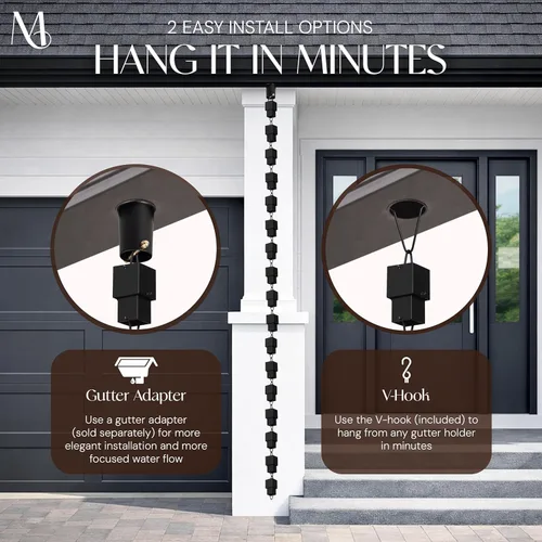 Vista 5 de Monarch Rain Chains Cadenas de lluvia negras de aluminio multicubo para canaletas – Cadena de lluvia decorativa negra de 8.5 pies para exteriores