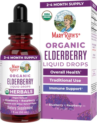 MaryRuth's - Jarabe de saúco negro orgánico en gotas, apoyo inmunológico, vegano, sin OGM y sin gluten, para 1 mes, arándano y frambuesa - 1 onza