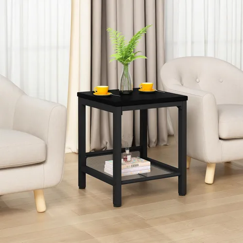 Vista 7 de Conjunto de 3 mesas de café AWQM, mesa de café industrial con 2 mesas auxiliares cuadradas, conjunto de mesas modernas para sala de estar