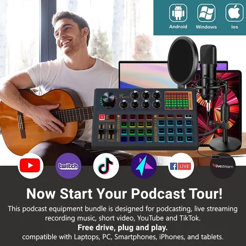 Vista 6 de Paquete de equipo para podcast, paquete de micrófono de condensador de 48V con 3 botones de efectos de sonido personalizados, paquete de estudio