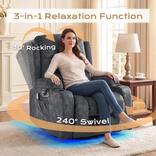 Vista 7 de URRED Silla reclinable giratoria eléctrica con vibración y calor Diseño de motor dual, posiciones infinitas, carga USB, luces LED, portavasos Gris