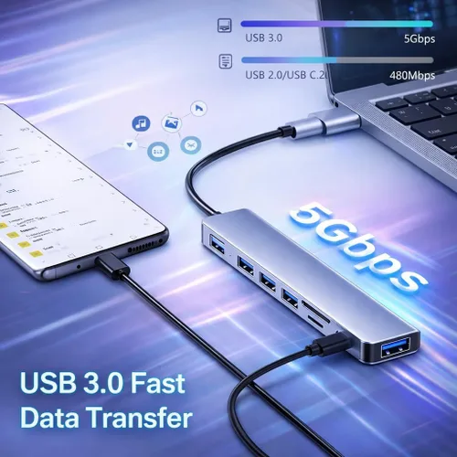 Vista 2 de Adaptador de concentrador USB C 8 en 1 para portátil – Divisor USB multipuerto con USB 3.0, 3 USB 2.0, puerto USB-C, lector de tarjetas SD/TF