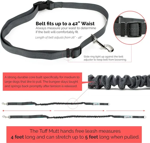 Vista 7 de Correa de perro Tuff Mutt con manos libres para correr, caminar, hacer senderismo. Correa elástica duradera de doble asa de 4 pies de largo