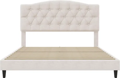 Vista 6 de Merax Cama de plataforma tapizada curvada de lino tamaño Queen con marco de cama acolchado de diamante/madera, listones de madera, no necesita