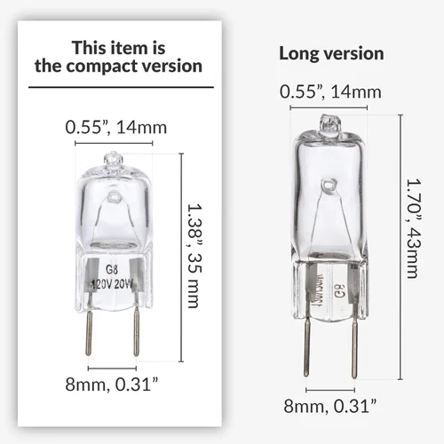 Vista 6 de Simba Lighting Bombilla halógena G8 T4 20W JCD Bi-Pin (paquete de 10) más corta de 1-3/8" (1.38") de longitud para luces de disco debajo