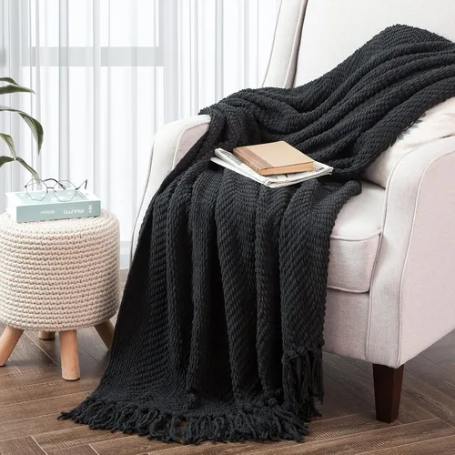 Vista 36 de Manta de punto suave con textura para sofá, manta de tweed crema con borlas de flecos para decoración del hogar, cama, sofá, silla, 50 x 60