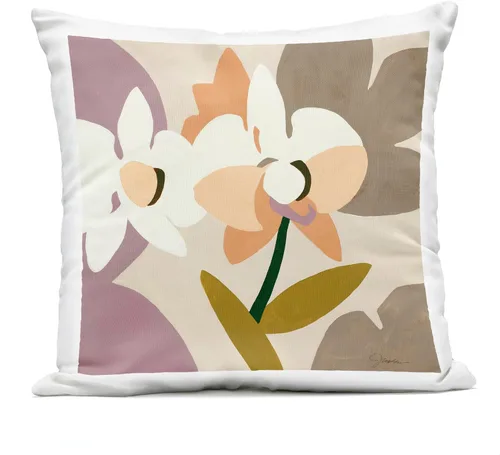 Stupell Industries Liz Jardine - Almohada de diseño de orquídeas naranjas y moradas, 18 x 18 pulgadas, color beige