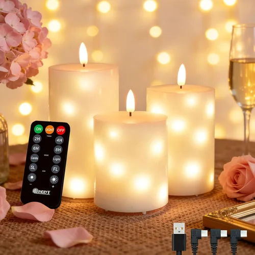 Vista 8 de Vela Recargable Sin Llama, Vela de Pilar LED Intermitente de Cera Real con Control Remoto y Temporizador, Velas Electrónicas Decorativas, 1 Juego