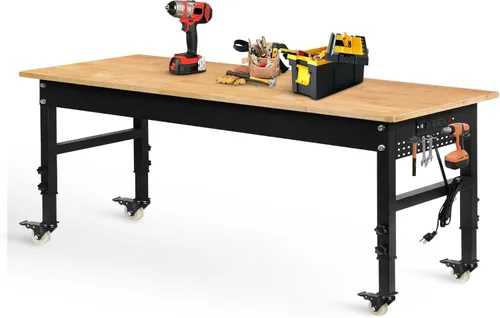 Vista 24 de Betterhood Banco de trabajo de altura ajustable, estación de trabajo resistente con parte superior de madera de goma de 60 pulgadas con tomas