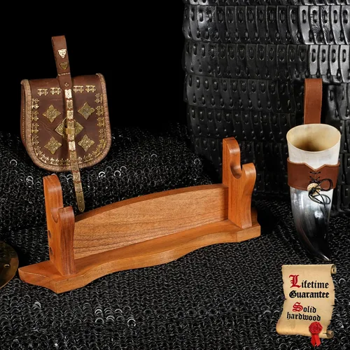 Vista 6 de Mythrojan Soporte de espada medieval de madera maciza horizontal para katana, samurái, gladiador, espadas cruzadas, soporte de mesa elegante, 1 nivel