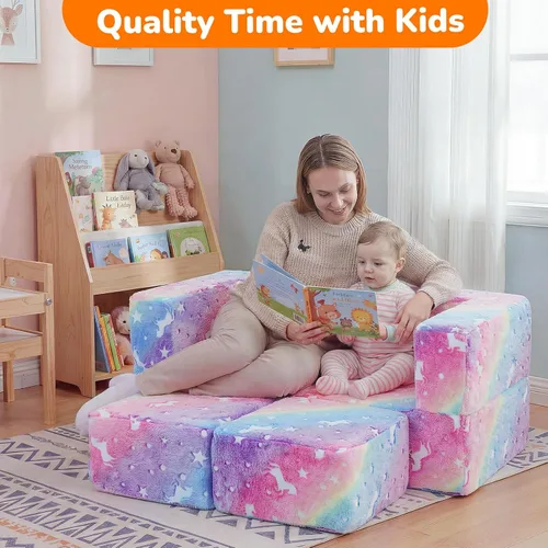 Vista 7 de MeMoreCool Sofá infantil que brilla en la oscuridad – Sofá modular plegable para niños pequeños (arcoíris) Sofá de juegos convertible