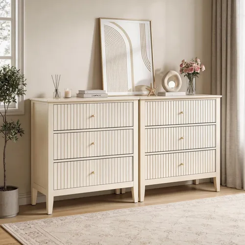 Vista 11 de RoyalCraft Cómoda de 6 cajones con espejo iluminado, cómoda de madera moderna acanalada beige, cómoda larga para almacenamiento en el dormitorio