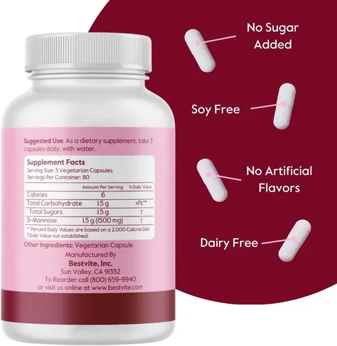 Vista 3 de BESTVITE D-manosa 500 mg (240 cápsulas vegetarianas) - Sin estearatos - Sin rellenos - Vegano - Sin OMG - Sin gluten - Sin maíz