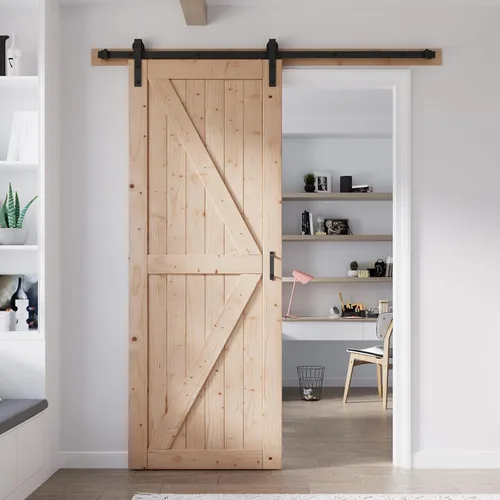 Vista 14 de FREDBECK Puerta corredera de granero de 34 x 84 pulgadas con kit de herramientas de 6 pies incluido, panel de abeto macizo en forma de K, necesita