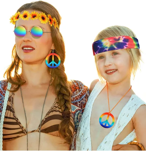 Vista 5 de Hippie Costume Set Hippie Sunglasses Peace Sign Necklace and Tie Dye Headband for 60s or 70s Hippie Dressing Accessories