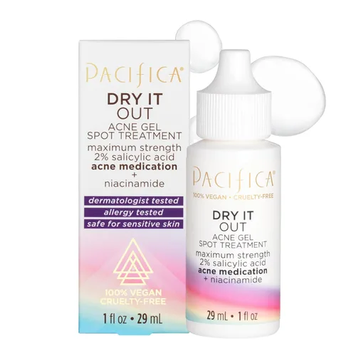 Pacifica Tratamiento para manchas de acné y crema de espinillas – Gel Dry It Out con ácido salicílico al 2%, hamamelis, niacinamida – Seca las
