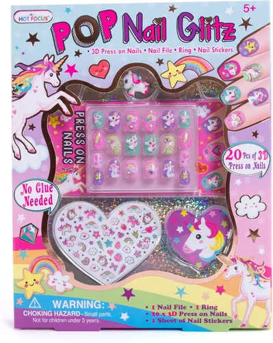 Hot Focus Kit de arte de uñas de unicornio – Uñas a presión 3D, calcomanías, lima y anillo, juego de 65 piezas para niñas mayores de 5 años