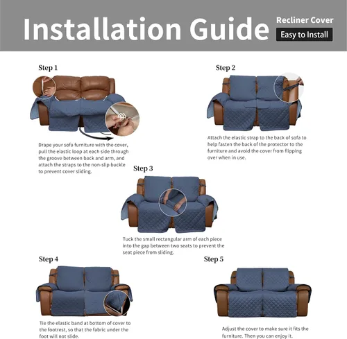 Vista 7 de Easy-Going Funda reclinable para sofá biplaza, funda de sofá reversible para sillón reclinable doble, funda de sofá dividida para cada asiento, Azul