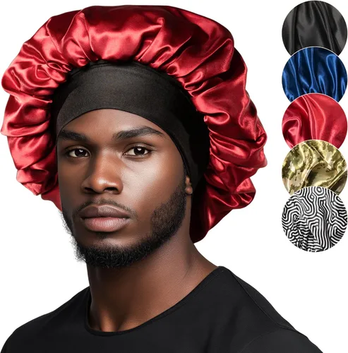Vista 8 de Niagara Satin Bonnet Men - Bonnet for Sleeping Men - Reversible Night Cap - Mens Bonnet for Curly Hair Negro