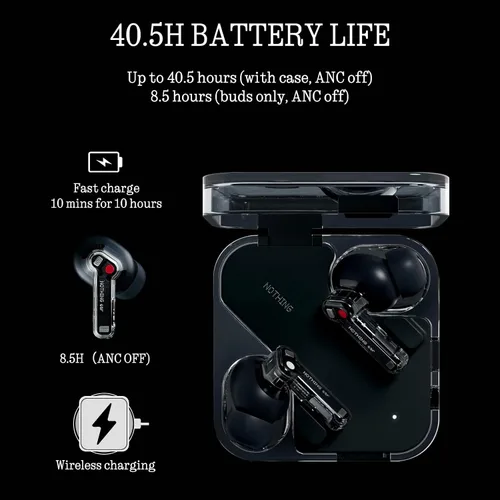 Vista 5 de Nothing Auriculares inalámbricos Bluetooth, auriculares híbridos ANC inteligentes de 45 dB, aumento de graves profundos de 0.433 in, audio de alta